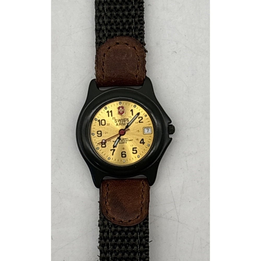 Swiss Army Quartz Wristwatch 3888 Date Fabric Leather Band Green Gold Face Women